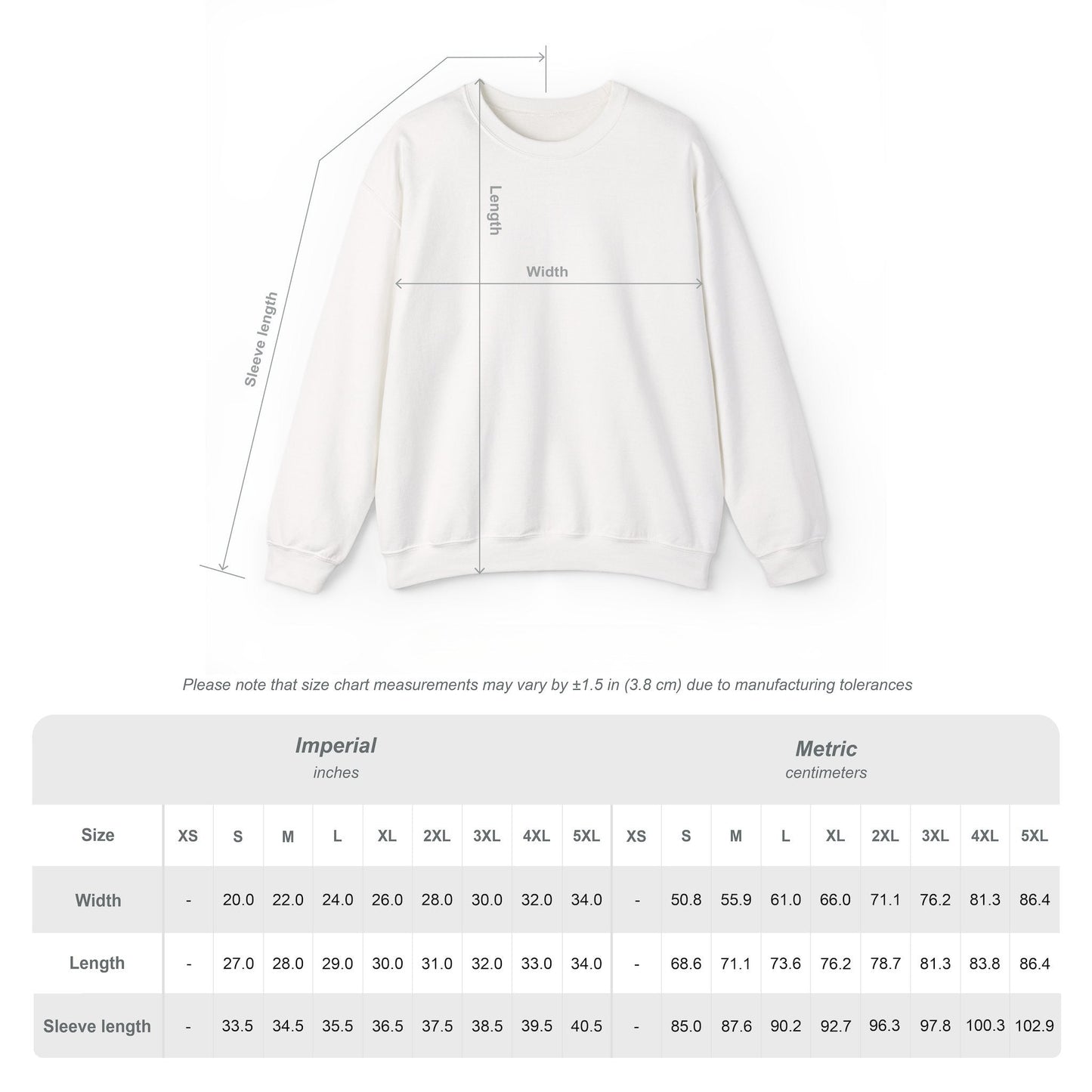 White sweatshirt with measurement chart on a white background