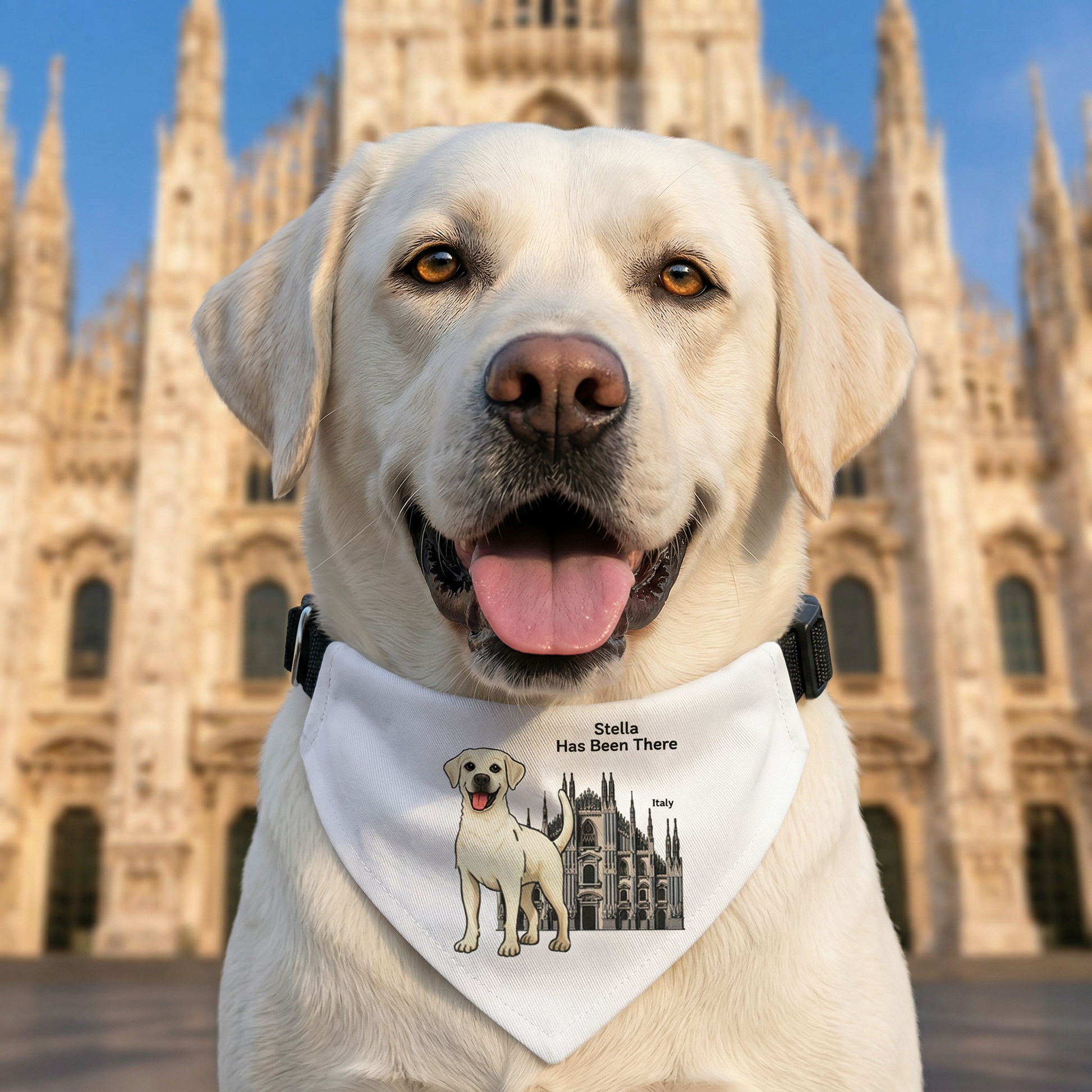 A Labrador dog is wearing Bondarly's custom design clip-on bandana, sitting on in front of Duomo di Milano, as proof that she has been there.