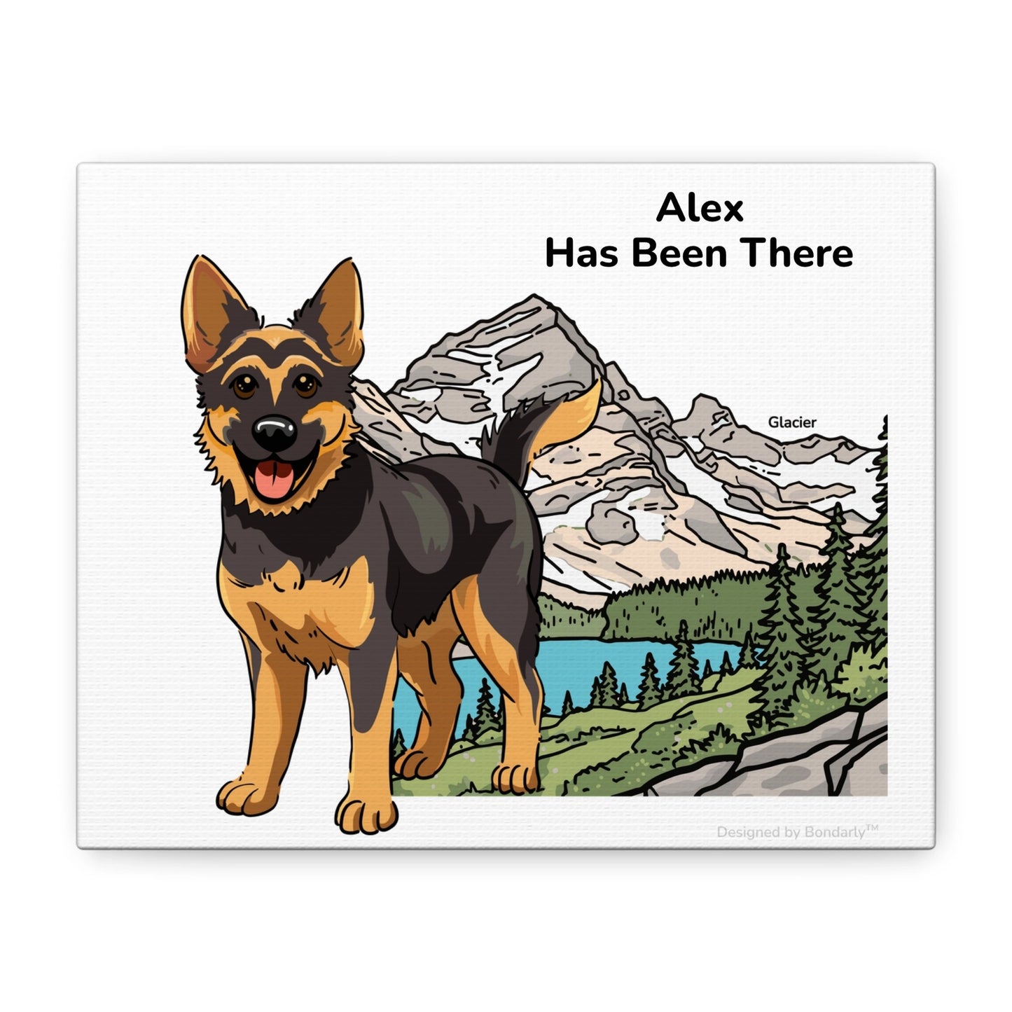 Personalized matte canvas art with a dog illustration, dog name, "Has Been There" badge, and Glacier national park illustration. National Park Series.