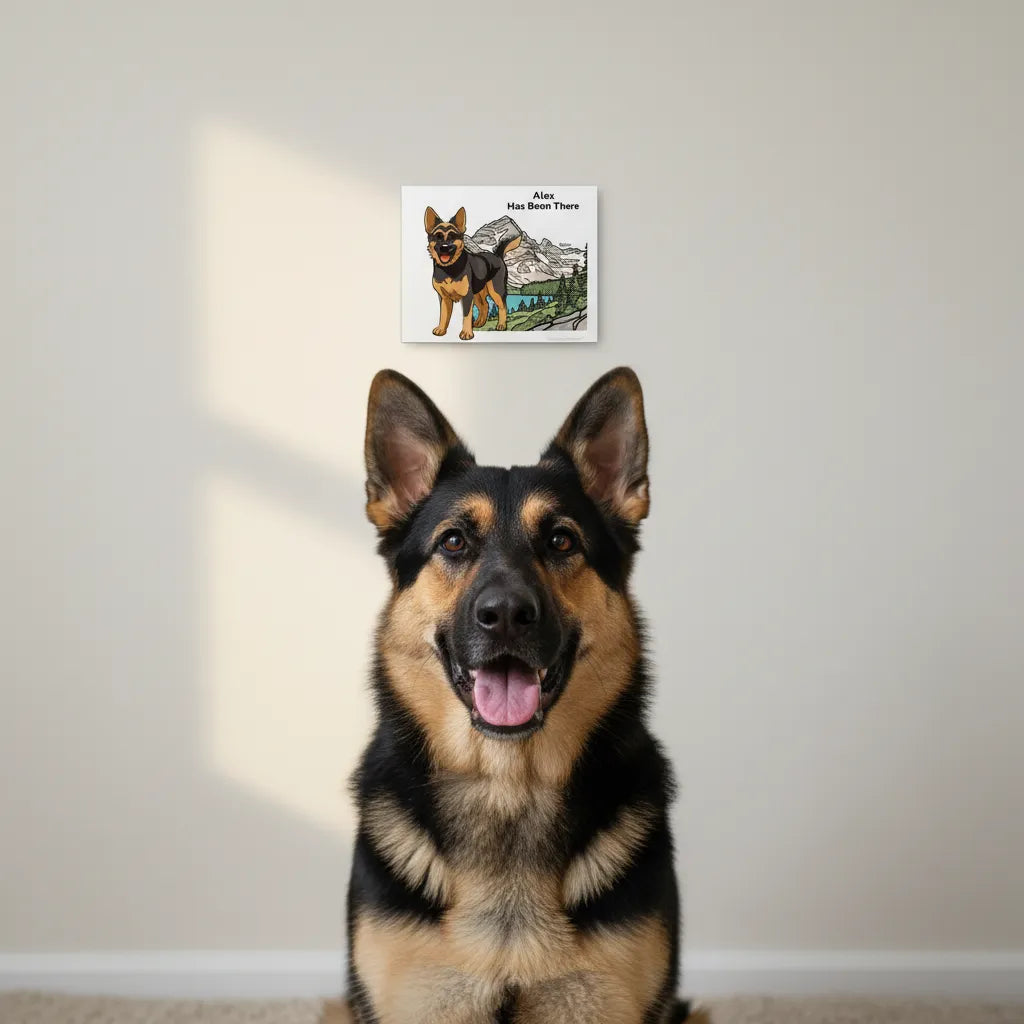 Personalized matte canvas art with a dog illustration, dog name, "Has Been There" badge, and Glacier national park illustration, and a German Shepherd is sitting in front of it. National Park Series.