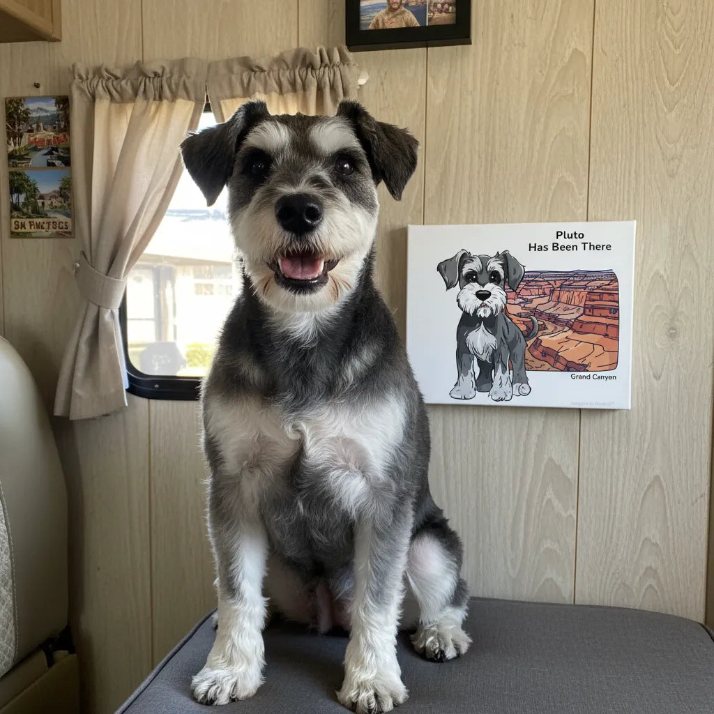 Personalized matte canvas art with a dog illustration, dog name, "Has Been There" badge, and Grand Canyon national park illustration, and a Schnauzer is sitting in front of it. National Park Series.