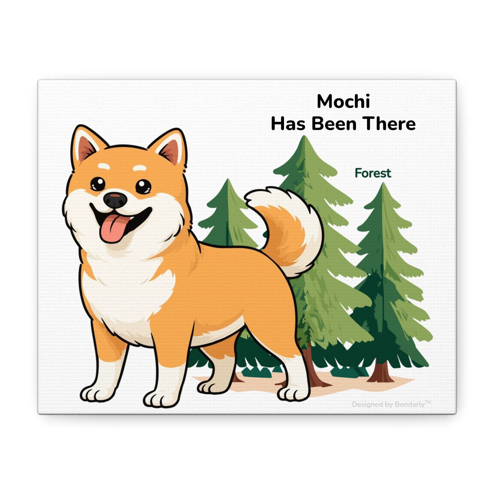 Personalized matte canvas art with a dog illustration, dog name, "Has Been There" badge, and forest illustration. Outdoor Adventure Series.