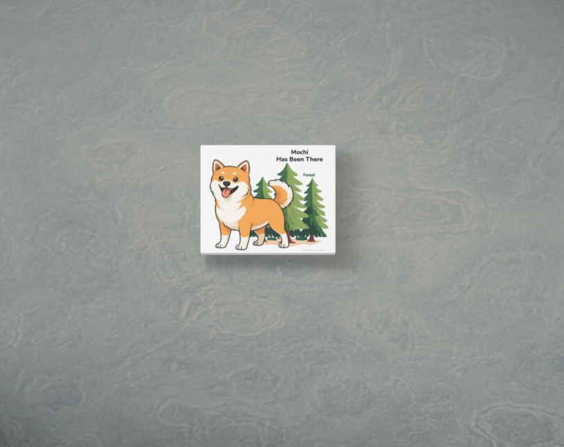Personalized matte canvas art with a dog illustration, dog name, "Has Been There" badge, and forest illustration, hung on a dark wall, far shot. Outdoor Adventure Series.