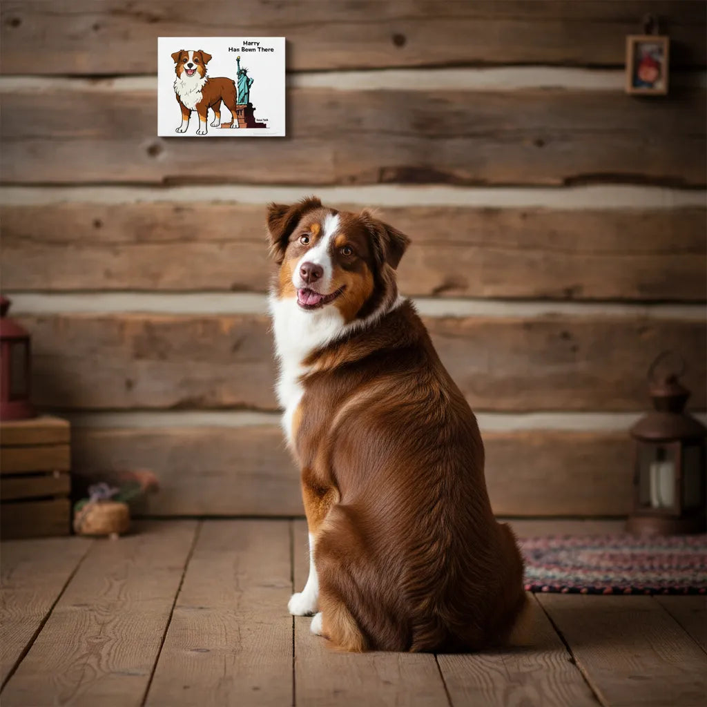 Personalized matte canvas art with a dog illustration, dog name, "Has Been There" badge, and New York's Statue of Liberty illustration, and a brown Australian Shepherd is sitting in front of it. World Travel Series.