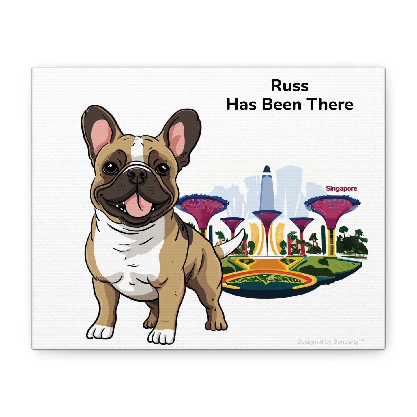 Personalized matte canvas art with a dog illustration, dog name, "Has Been There" badge, and Singapore's Gardens by the Bay illustration. World Travel Series.