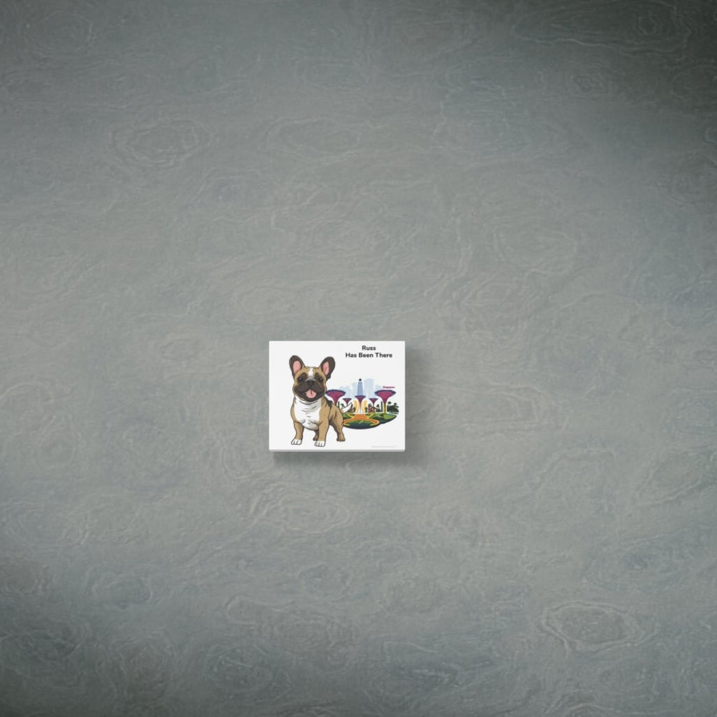 Personalized matte canvas art with a dog illustration, dog name, "Has Been There" badge, and Singapore's Gardens by the Bay illustration, hung on a dark wall, far shot. World Travel Series.