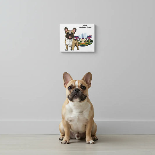 Personalized matte canvas art with a dog illustration, dog name, "Has Been There" badge, and Singapore's Gardens by the Bay illustration, and a Frenchie dog is sitting in front of it. World Travel Series.