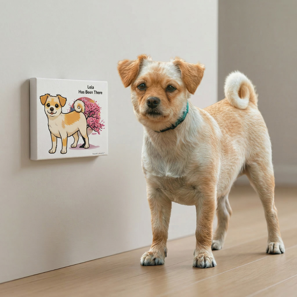 A mixed breed dog standing next to a wall with a small canvas print of a custom design of the same dog.