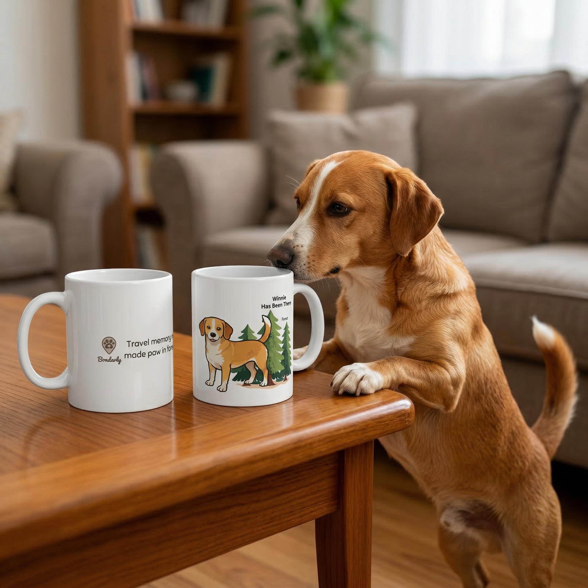 Two mugs with a custom design of a mixed breed dog sitting on a wooden table in a living room. A dog is trying to sniff the mugs.