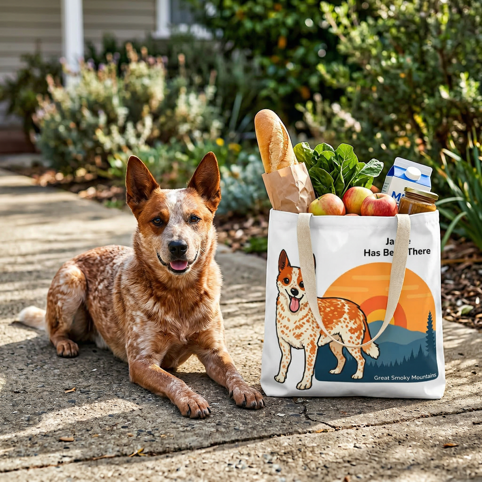 An Australian Cattle dog sitting next to a tote bag with a custom design of a Australian Cattle dog.