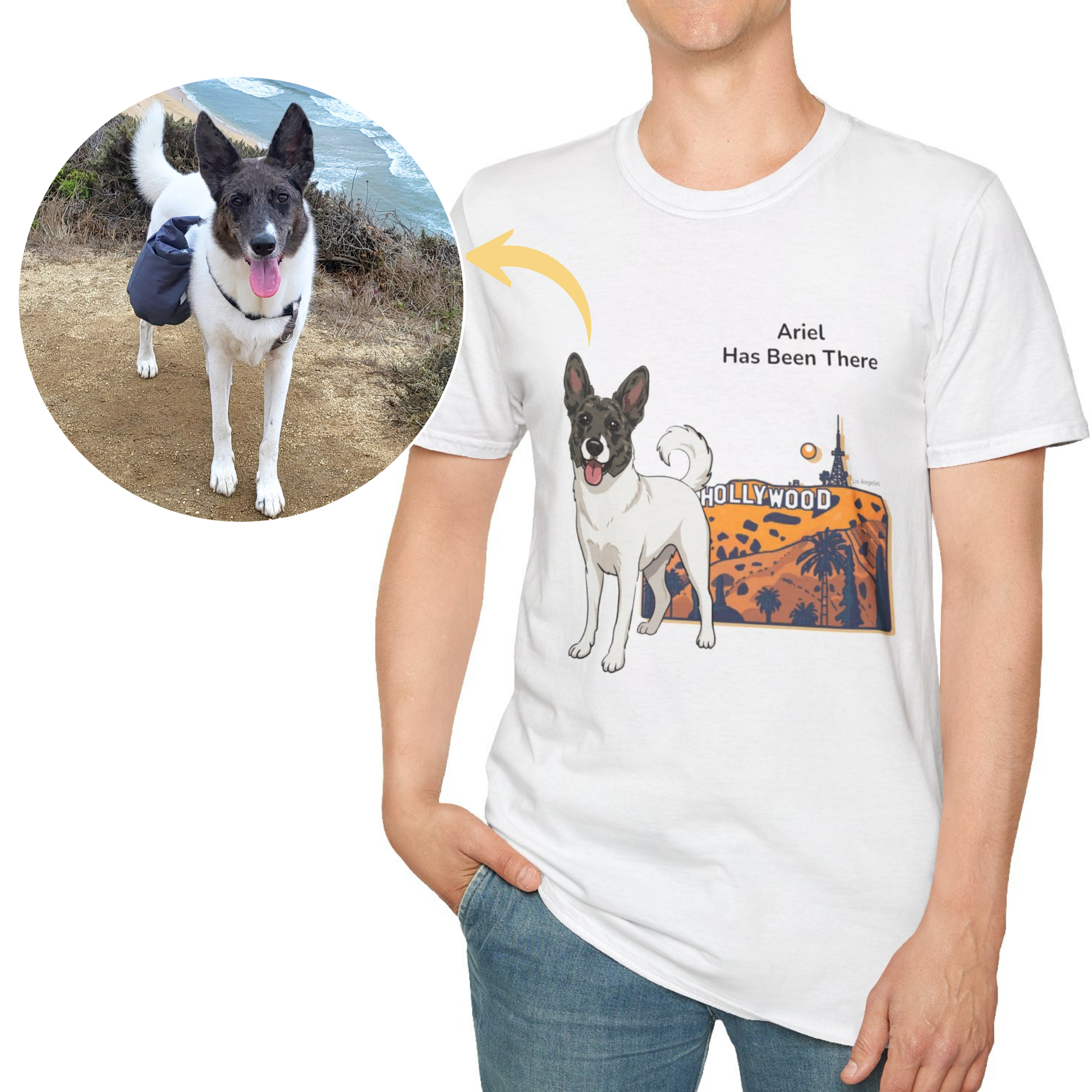 Demonstration that Bondarly's custom dog & travel design puts your dog and your travel destination onto any keepsakes you choose
