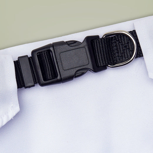 The clip-on buckle of Bondarly's personalized dog bandana.