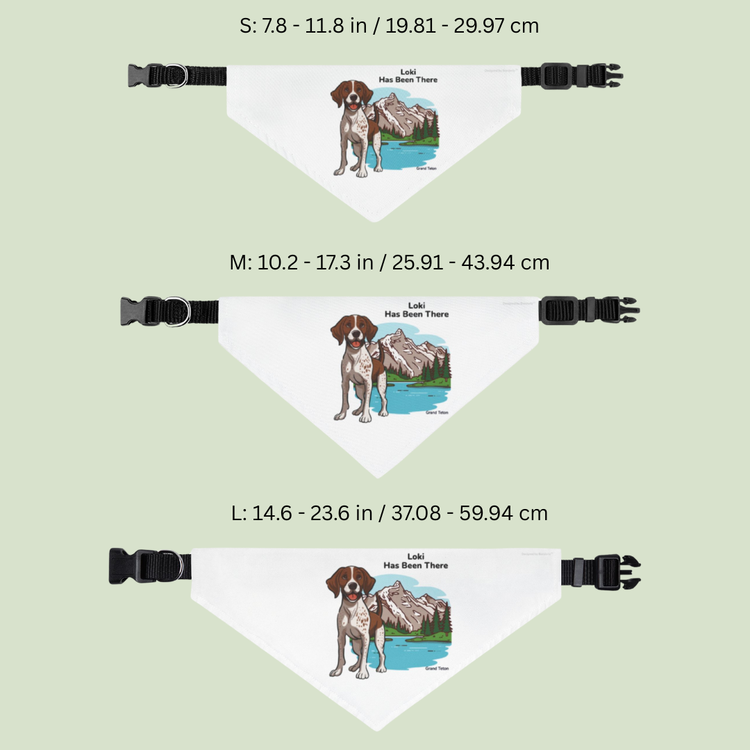 Size comparison of Bondarly's personalized dog national park clip-on bandana