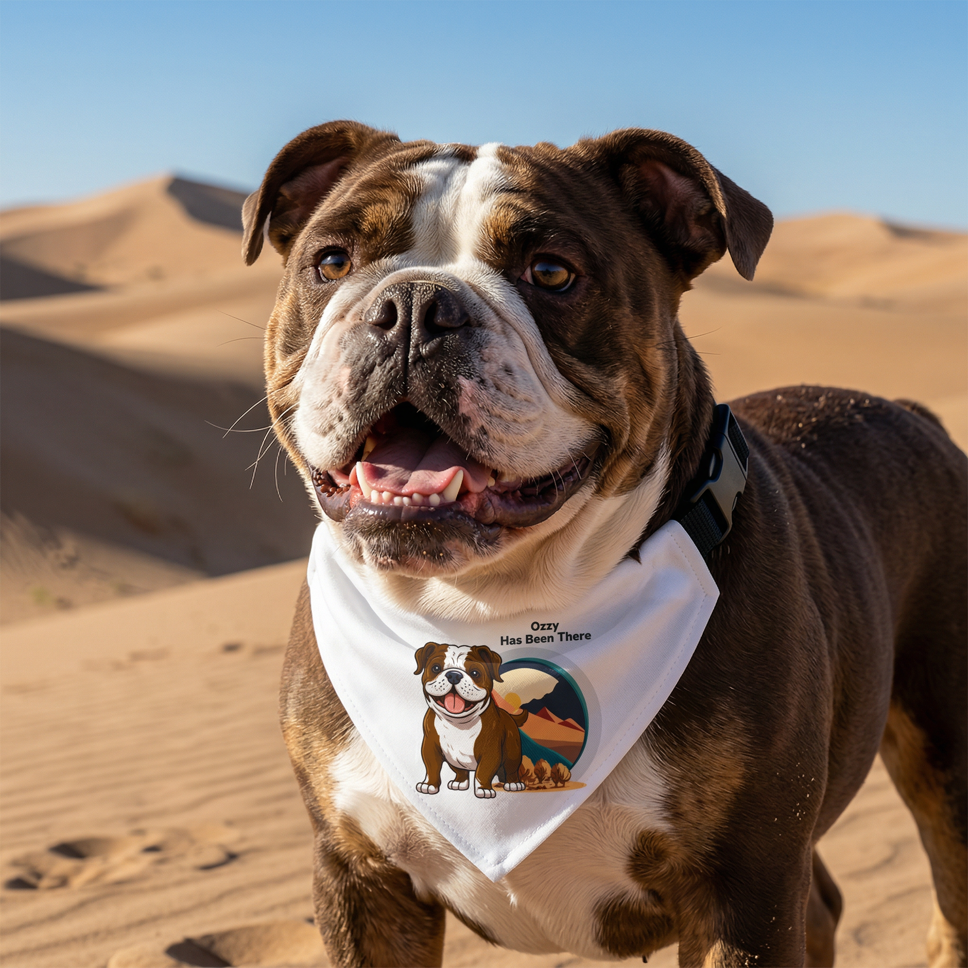 A Bulldog is wearing Bondarly's personalized dog outdoor adventure clip-on bandana, standing on a sand dune of a desert. Outdoor Adventure Series.