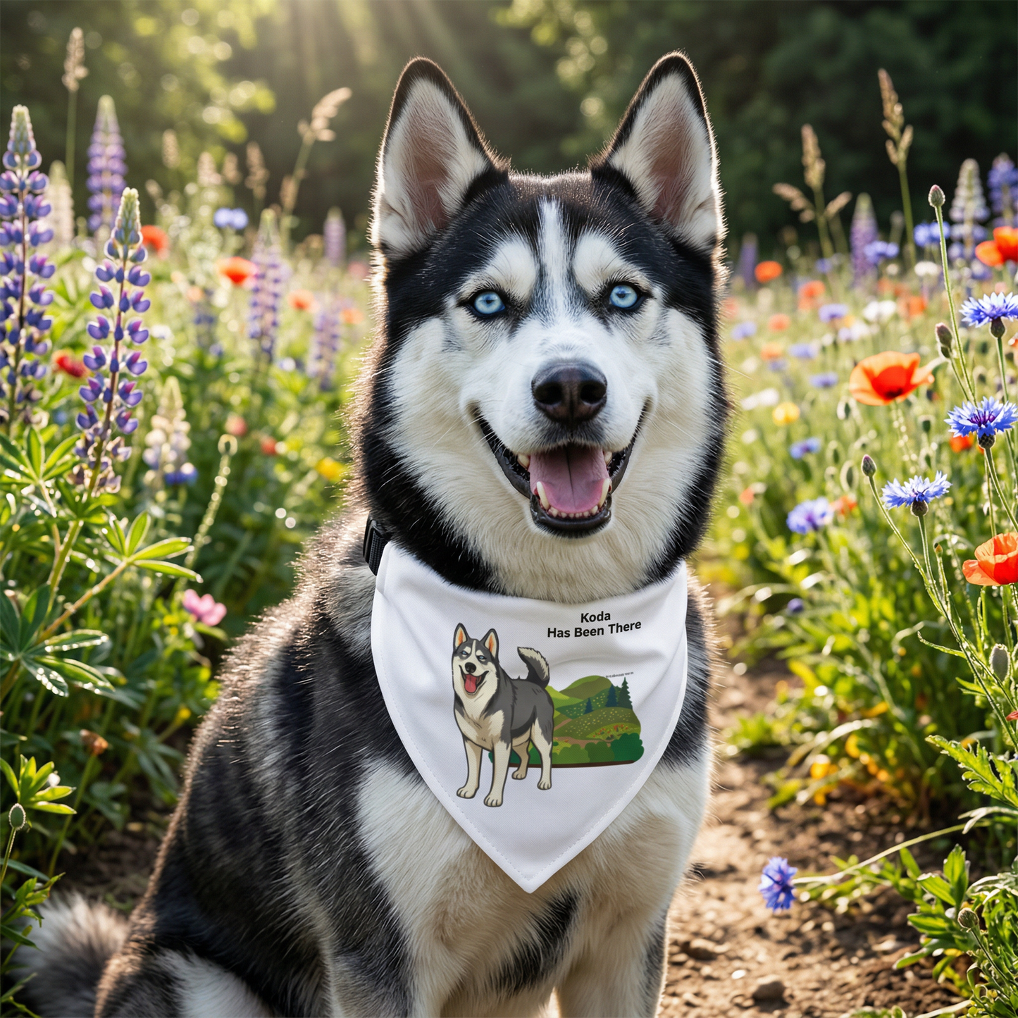 A Husky dog is wearing Bondarly's personalized dog outdoor adventure clip-on bandana, sitting on a wildflower trail. Outdoor Adventure Series.