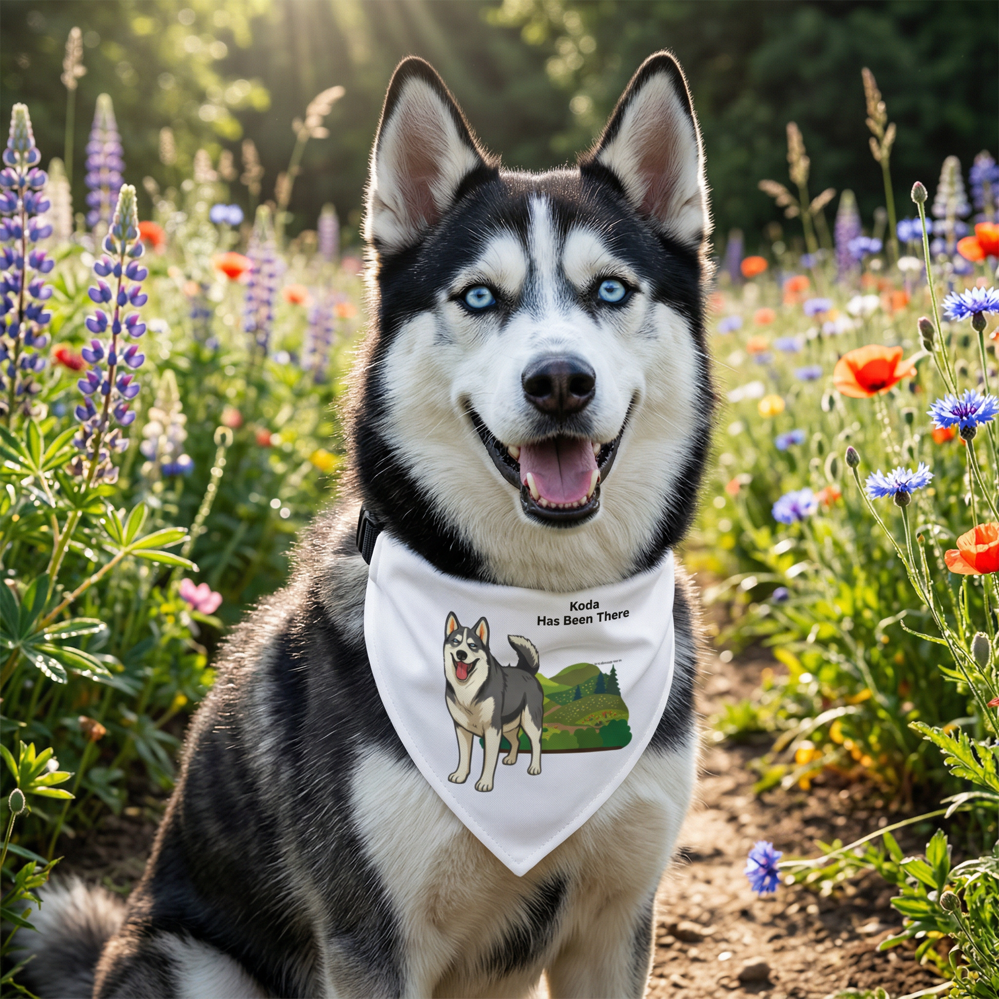 A Husky dog is wearing Bondarly's personalized dog outdoor adventure clip-on bandana, sitting on a wildflower trail. Outdoor Adventure Series.