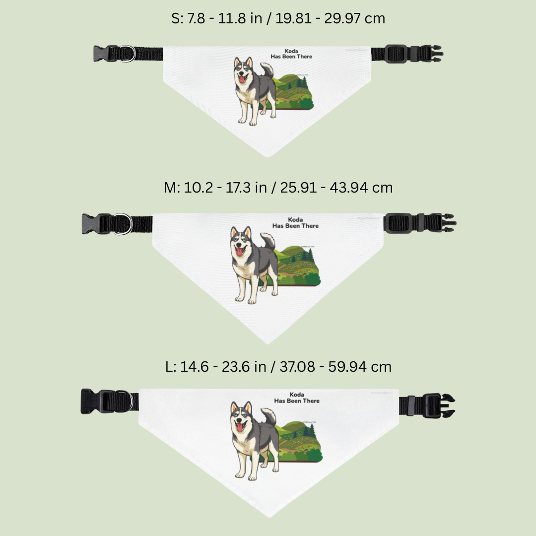 Size comparison of Bondarly's personalized dog outdoor adventure clip-on bandana
