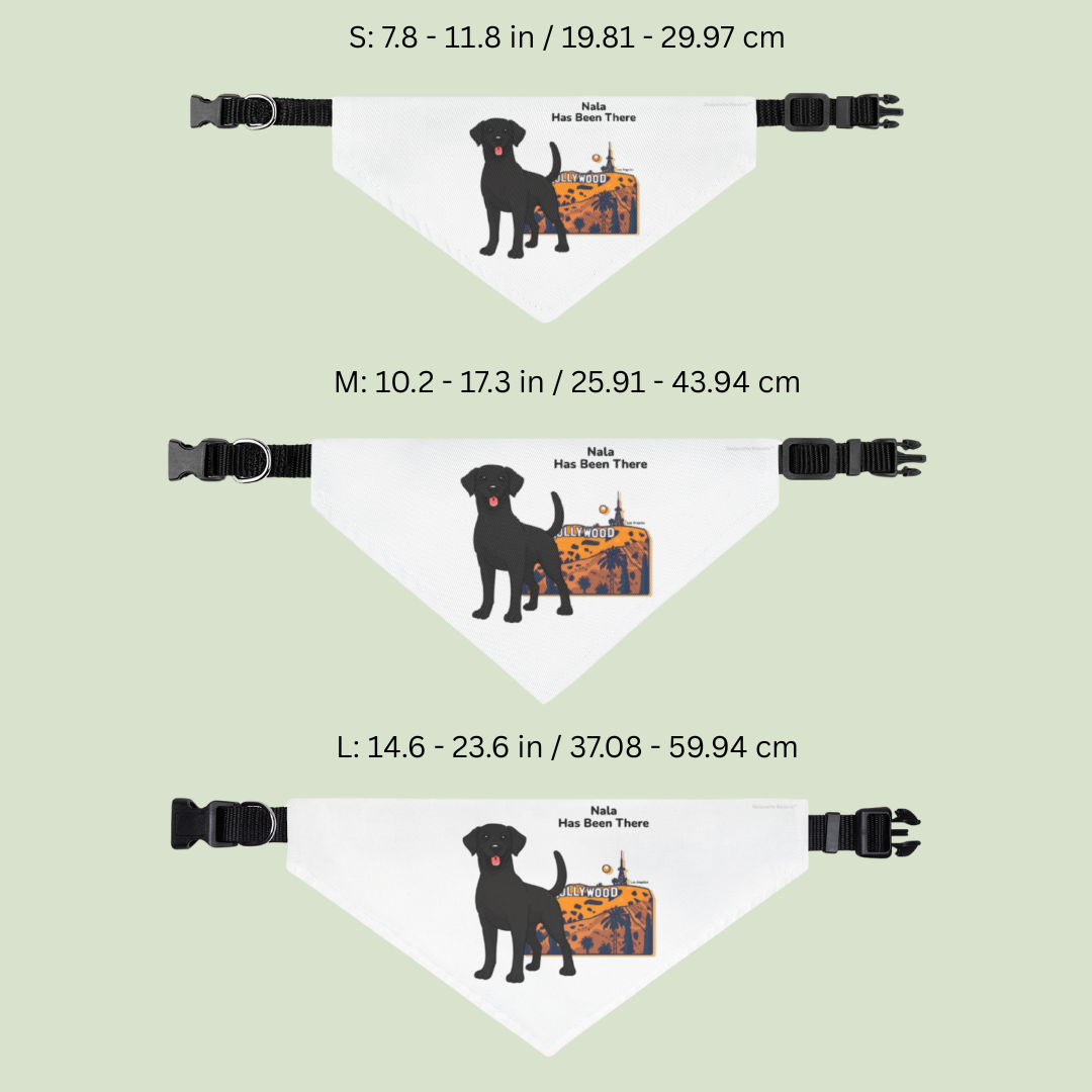 Size comparison of Bondarly's personalized dog world travel clip-on bandana