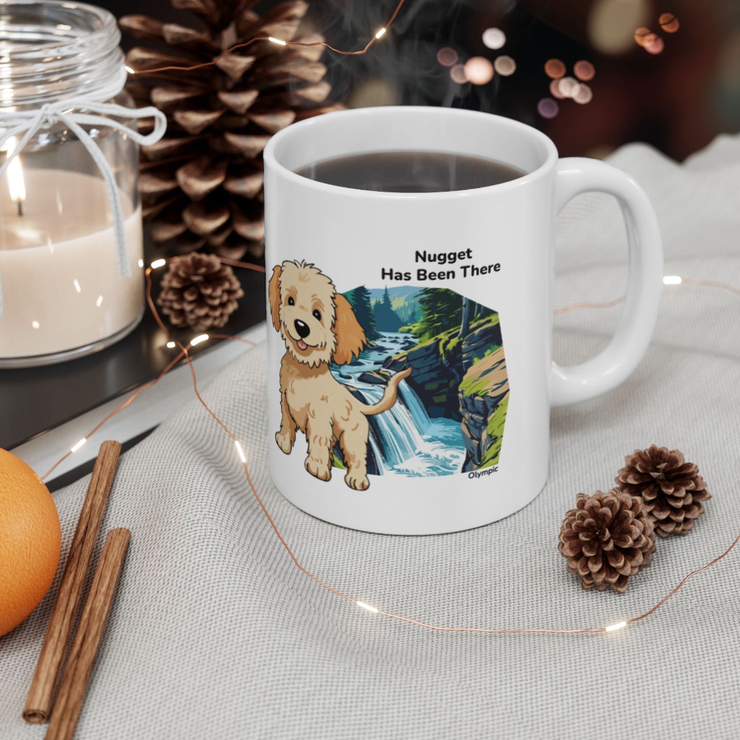 A personalized mug with a dog illustration, dog name, "Has Been There" badge, and Olympic national park illustration. National Park Series.