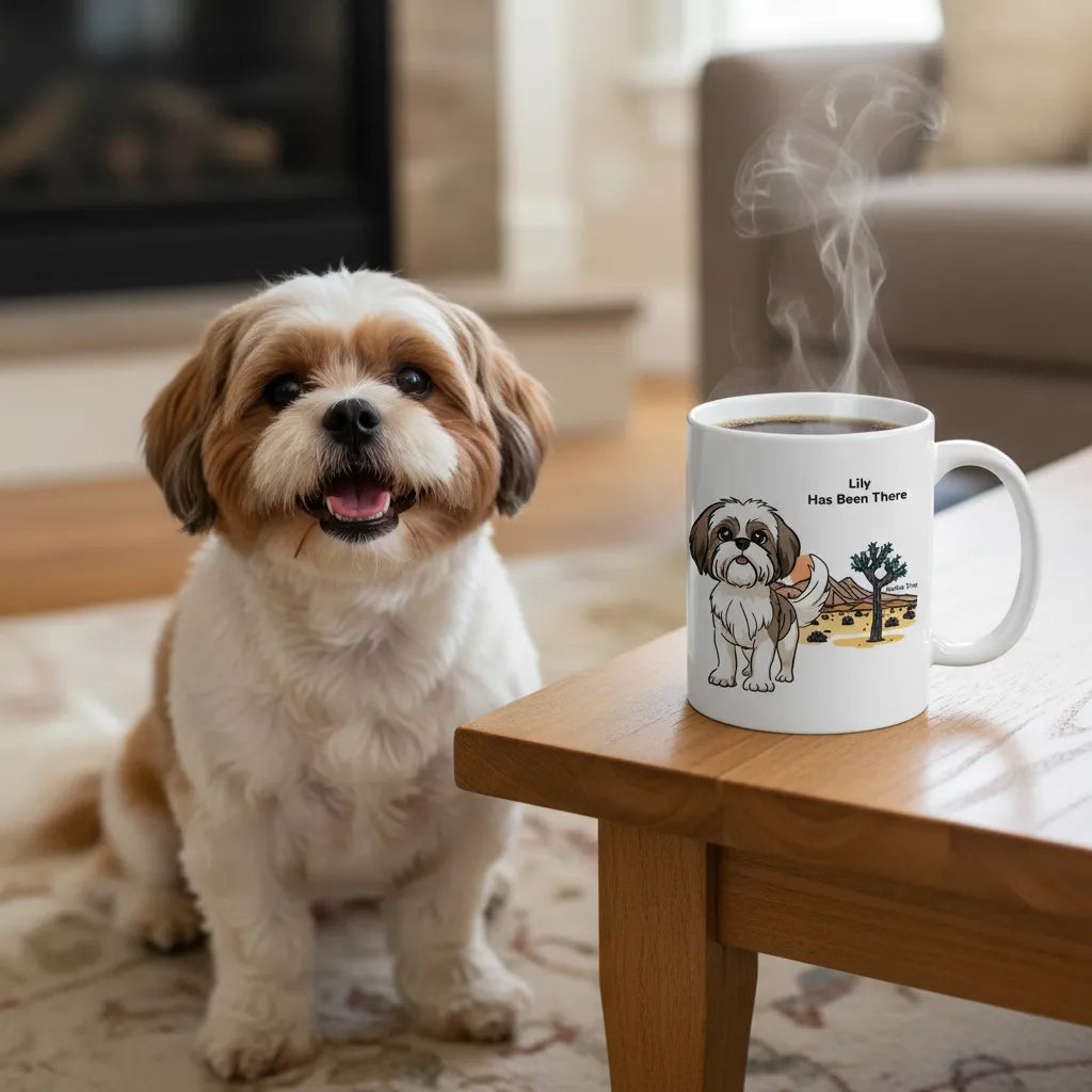 A personalized mug with a dog illustration, dog name, "Has Been There" badge, and Joshua Tree national park illustration, sitting on a living room table with a Shih Tzu dog next to it. National Park Series.