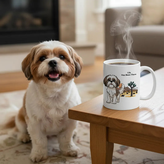A personalized mug with a dog illustration, dog name, "Has Been There" badge, and Joshua Tree national park illustration, sitting on a living room table with a Shih Tzu dog next to it. National Park Series.