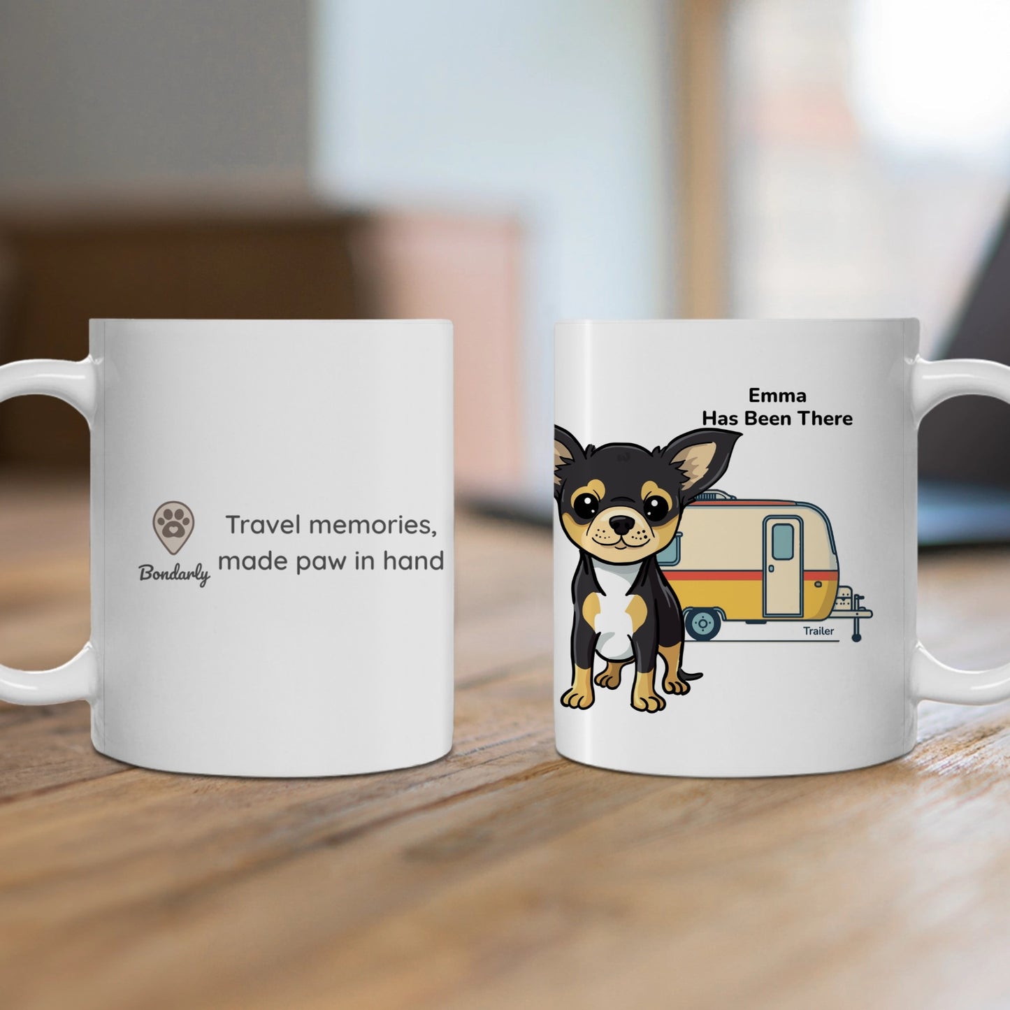 A personalized mug, right hand side with a dog illustration, dog name, "Has Been There" badge, and trailer illustration, and the left hand side with Bondarly's logo and slogan. Outdoor Adventure Series.