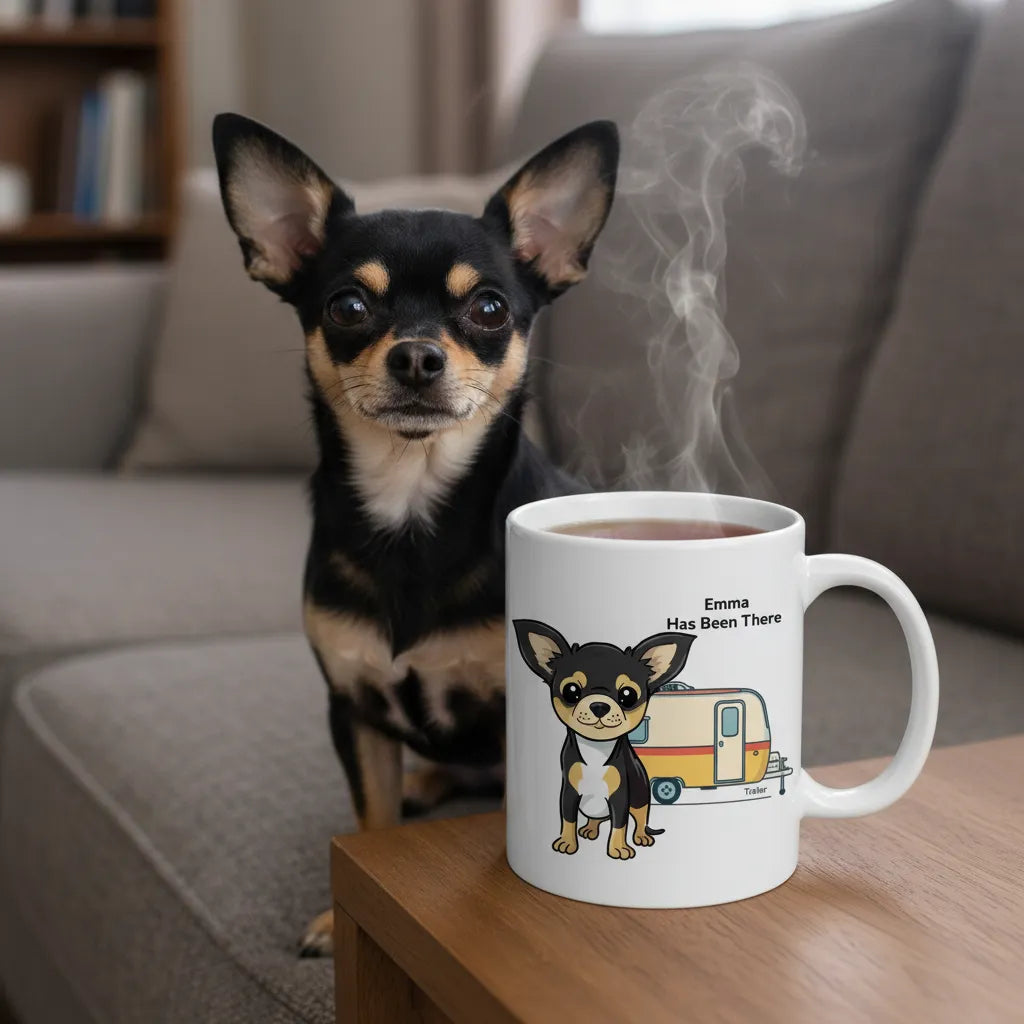 A personalized mug with a dog illustration, dog name, "Has Been There" badge, and trailer illustration, sitting on a living room table with a Chihuahua dog next to it. Outdoor Adventure Series.
