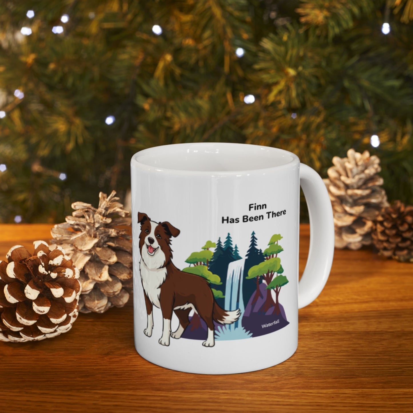 A personalized mug with a dog illustration, dog name, "Has Been There" badge, and waterfall illustration. Outdoor Adventure Series.