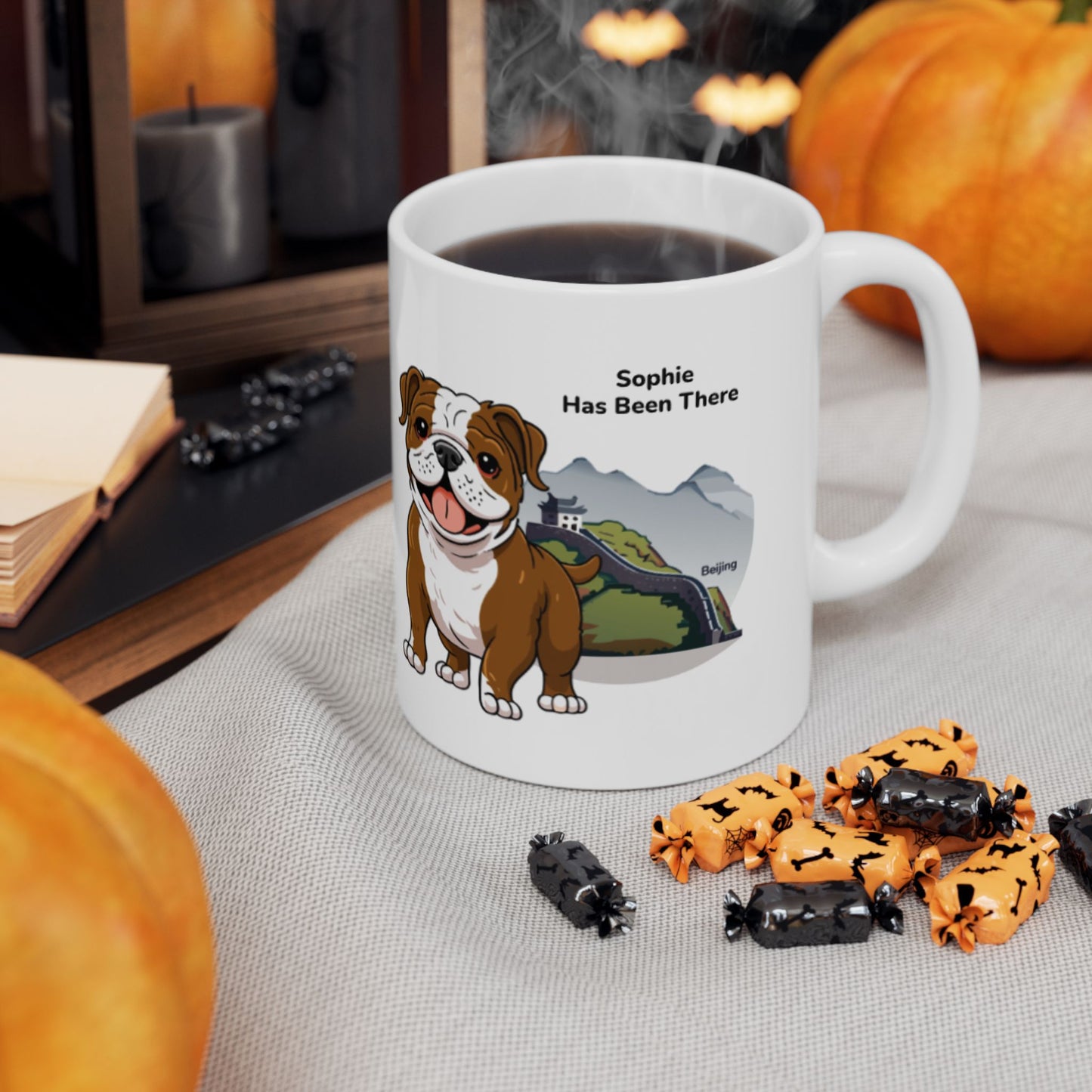 A personalized mug with a dog illustration, dog name, "Has Been There" badge, and Beijing Great Wall illustration. World Travel Series.