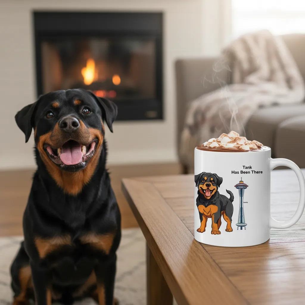 A personalized mug with a dog illustration, dog name, "Has Been There" badge, and Seattle's Space Needle illustration, sitting on a living room table with a Rottweiler dog next to it. World Travel Series.