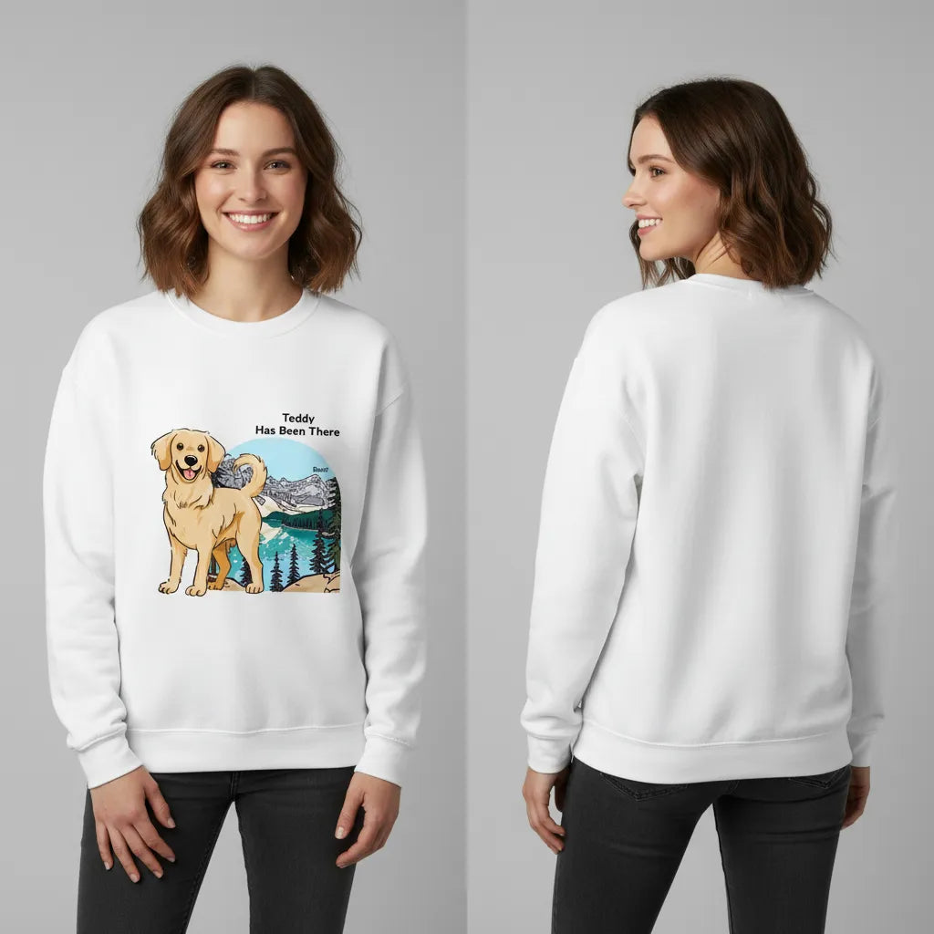 Female wearing a personalized sweatshirt with a dog illustration, dog name, "Has Been There" badge, and Banff illustration, showing both the front and the back. National Park Series.