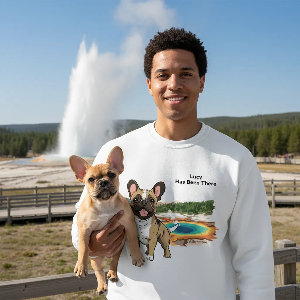 Male wearing a personalized sweatshirt with a dog illustration, dog name, "Has Been There" badge, and Yellowstone illustration, holding a Frenchie dog in front of the Old Faithful. National Park Series.