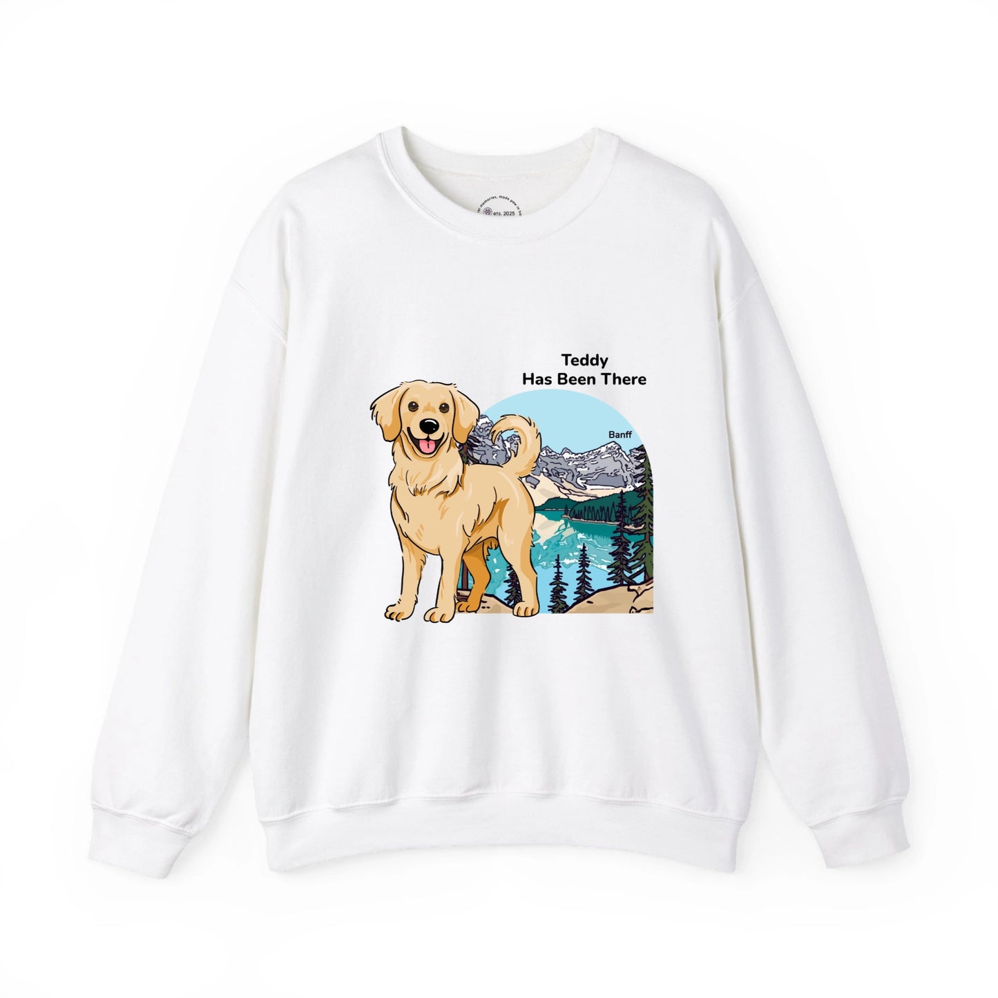 Personalized sweatshirt with a dog illustration, dog name, "Has Been There" badge, and Banff illustration. National Park Series.