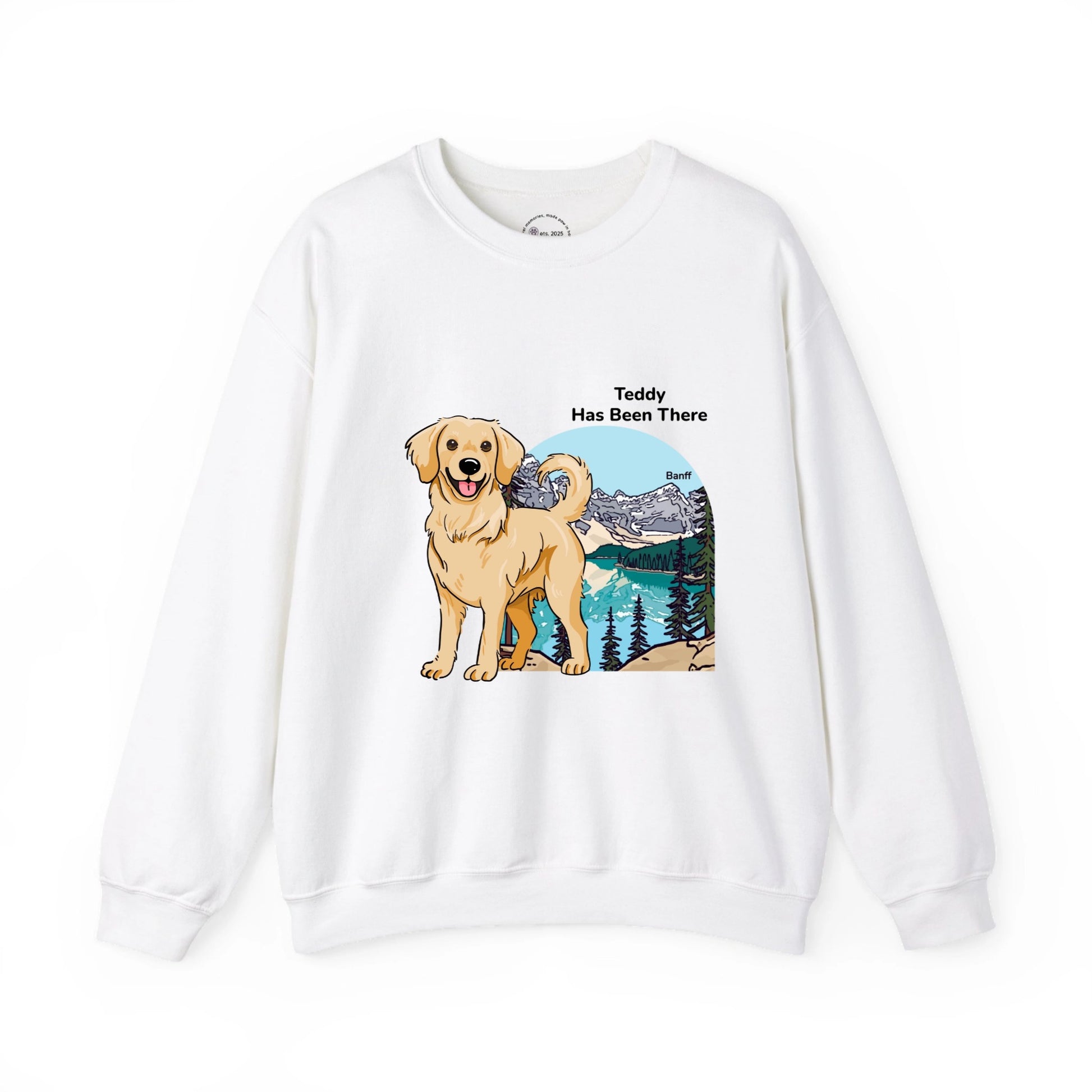 Personalized sweatshirt with a dog illustration, dog name, "Has Been There" badge, and Banff illustration. National Park Series.