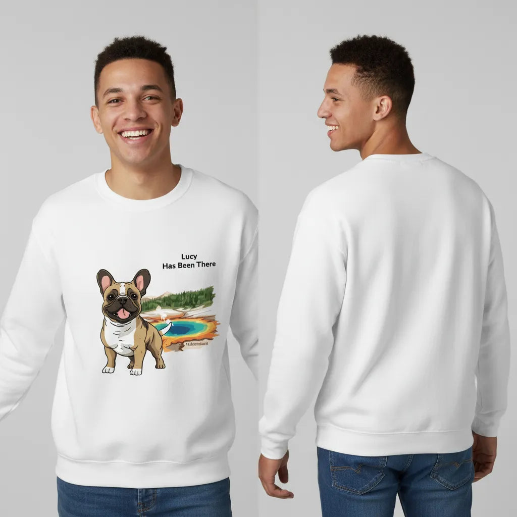 Male wearing a personalized sweatshirt with a dog illustration, dog name, "Has Been There" badge, and Yellowstone illustration, showing both the front and the back. National Park Series.