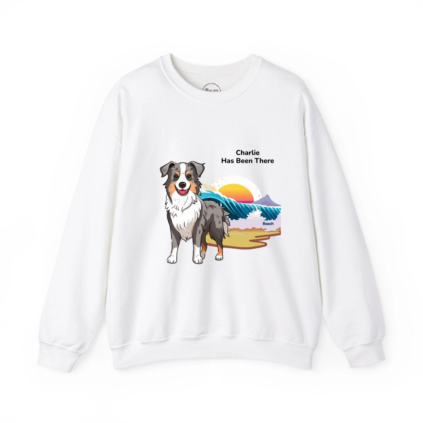 Personalized sweatshirt with a dog illustration, dog name, "Has Been There" badge, and beach illustration. Outdoor Adventure Series.
