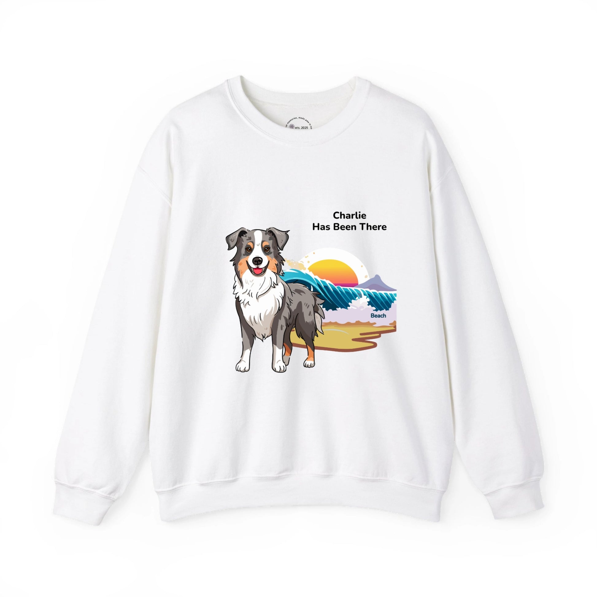 Personalized sweatshirt with a dog illustration, dog name, "Has Been There" badge, and beach illustration. Outdoor Adventure Series.