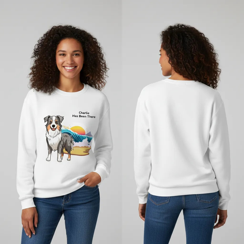 Female wearing a personalized sweatshirt with a dog illustration, dog name, "Has Been There" badge, and beach illustration, showing both the front and the back. Outdoor Adventure Series.