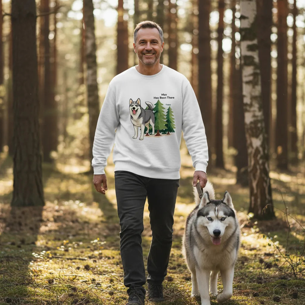 Male wearing a personalized sweatshirt with a dog illustration, dog name, "Has Been There" badge, and forest illustration, walking with a Husky in a forest. Outdoor Adventure Series.