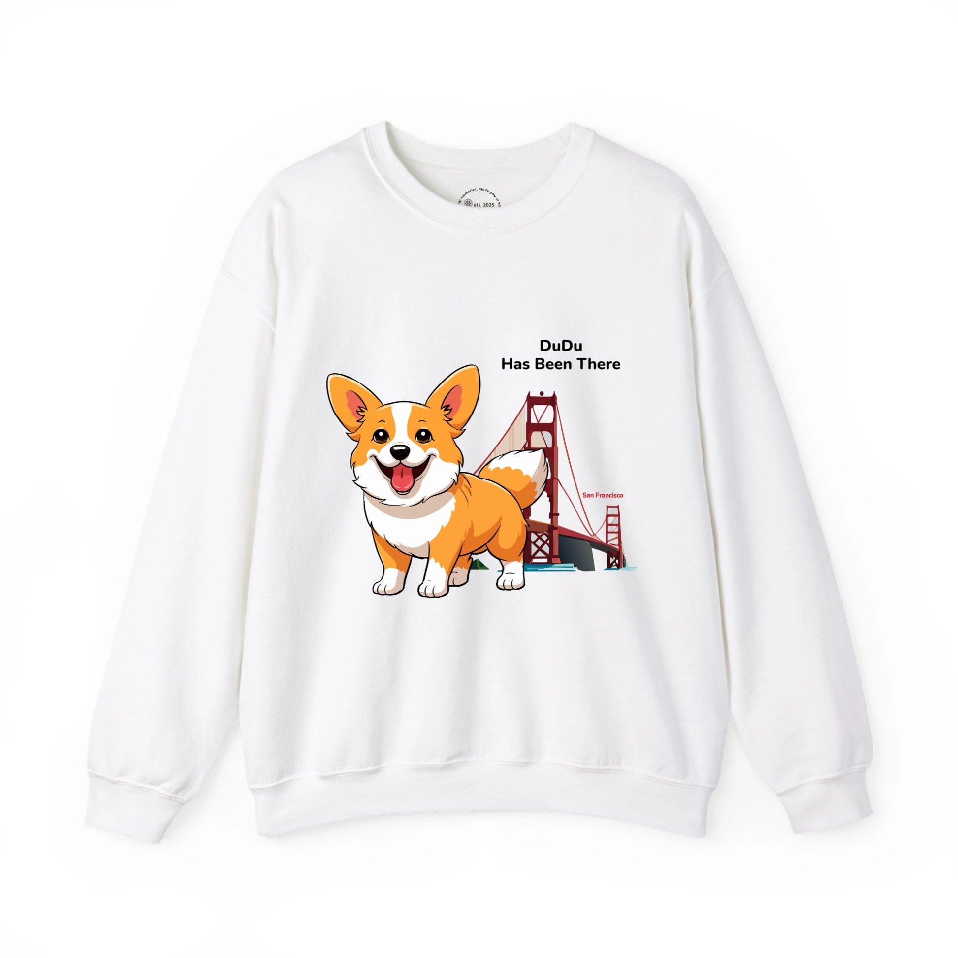 Personalized sweatshirt with a dog illustration, dog name, "Has Been There" badge, and San Francisco illustration. World Travel Series.