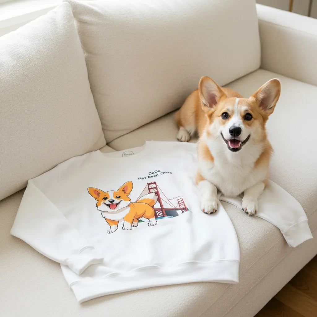 Personalized sweatshirt with a dog illustration, dog name, "Has Been There" badge, and San Francisco illustration, lying on a couch with a Corgi next to it. World Travel Series.