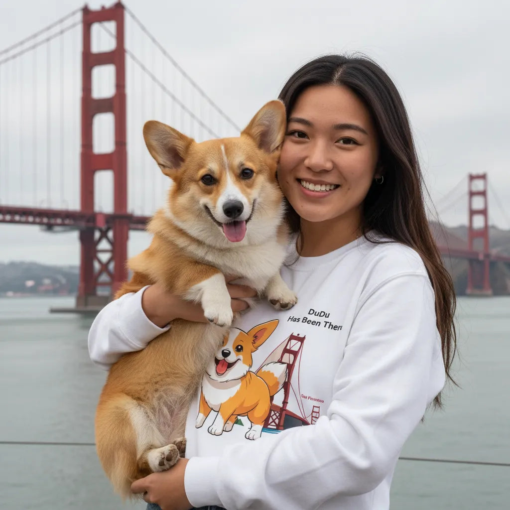 Female wearing a personalized sweatshirt with a dog illustration, dog name, "Has Been There" badge, and San Francisco illustration, holding a Corgi dog in front of the Golden Gate Bridge. World Travel Series.