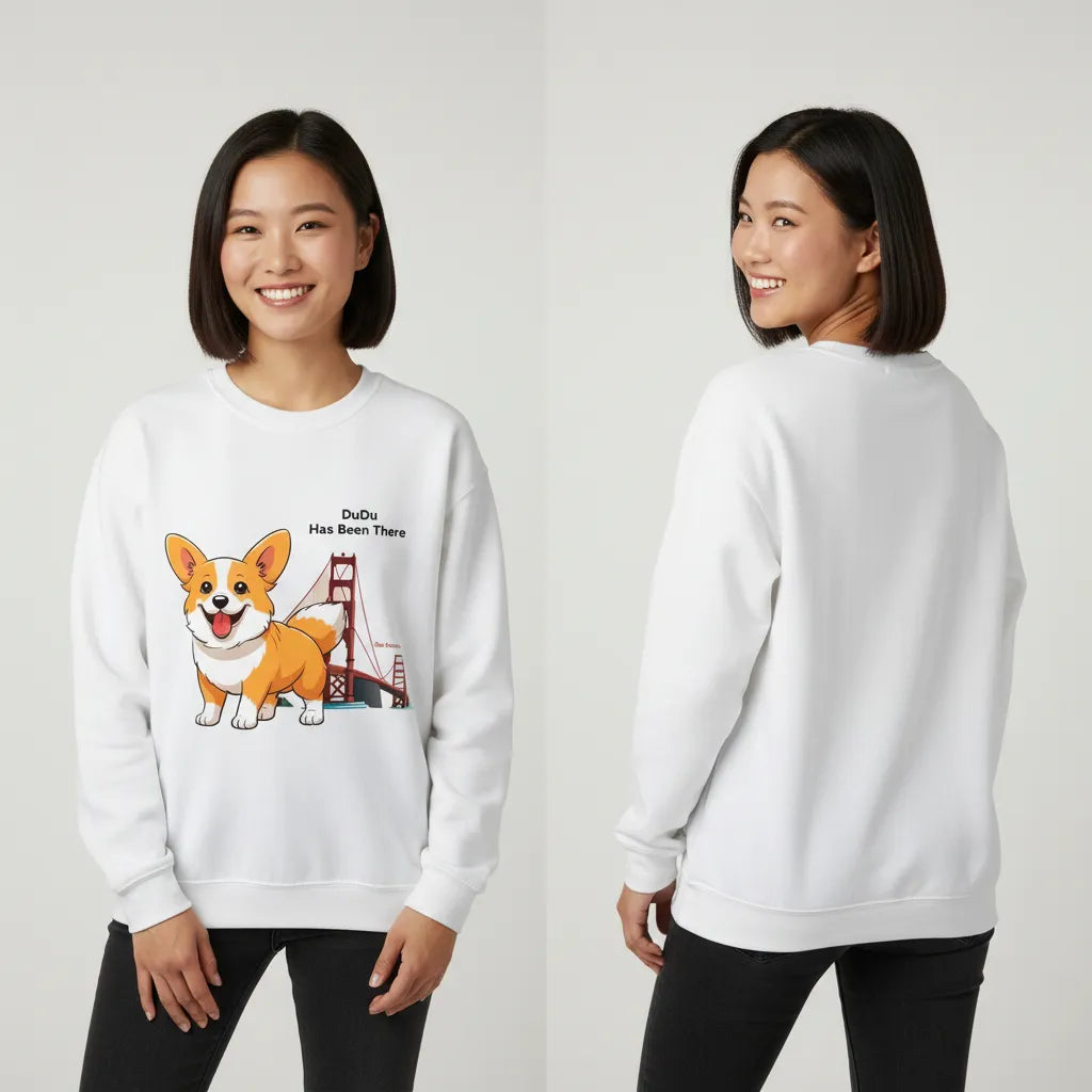 Female wearing a personalized sweatshirt with a dog illustration, dog name, "Has Been There" badge, and San Francisco illustration, showing both the front and the back. World Travel Series.