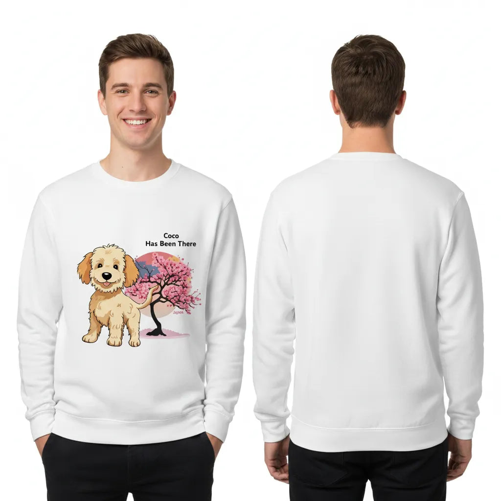 Male wearing a personalized sweatshirt with a dog illustration, dog name, "Has Been There" badge, and Japan illustration, showing both the front and the back. World Travel Series.