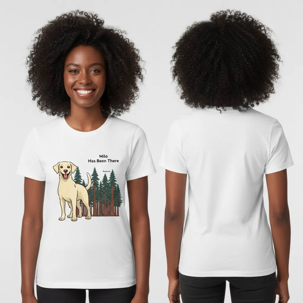 Female wearing a personalized t-shirt with a dog illustration, dog name, "Has Been There" badge, and Redwood National Park illustration, showing both the front and the back. National Park Series.