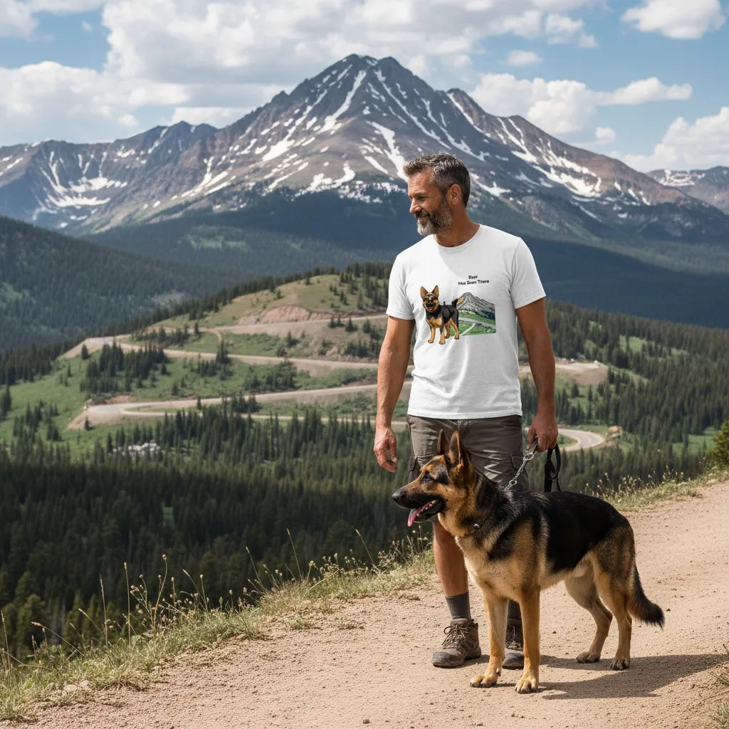 Male wearing a personalized t-shirt with a dog illustration, dog name, "Has Been There" badge, and Rocky Mountain National Park illustration, hiking with a German Shepherd on the Trail Ridge Road. National Park Series.