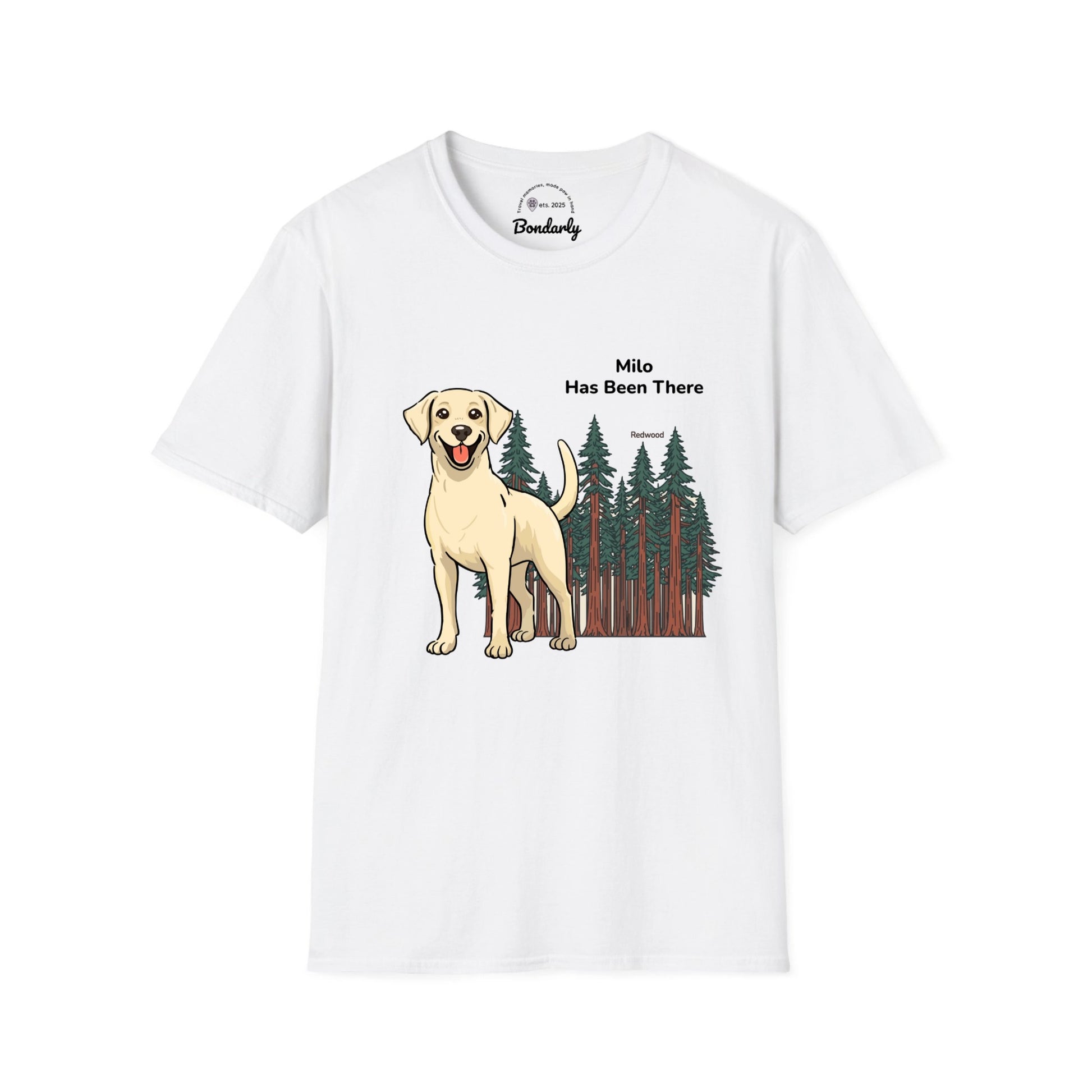 Personalized t-shirt with a dog illustration, dog name, "Has Been There" badge, and Redwood National Park illustration. National Park Series.