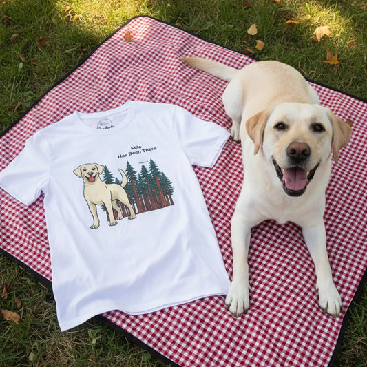 Personalized t-shirt with a dog illustration, dog name, "Has Been There" badge, and Redwood National Park illustration, lying on a picnic mat next to a cream Labrador dog. National Park Series.