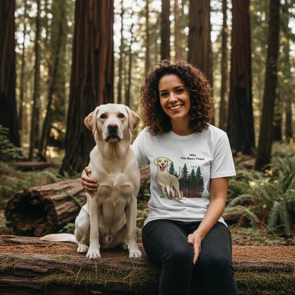 Female wearing a personalized t-shirt with a dog illustration, dog name, "Has Been There" badge, and Redwood National Park illustration, sitting with a Labrador dog in front of redwoods. National Park Series.