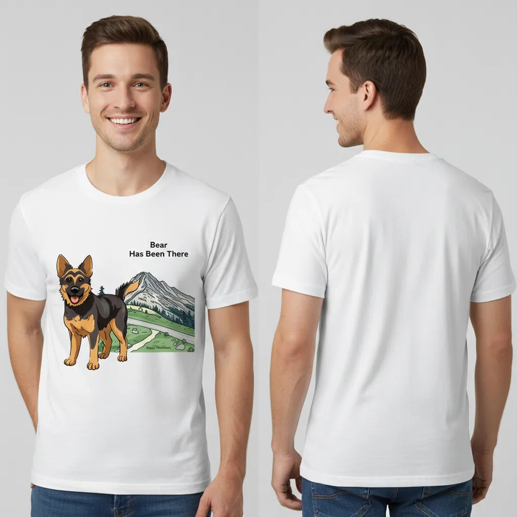 Male wearing a personalized t-shirt with a dog illustration, dog name, "Has Been There" badge, and Rocky Mountain National Park illustration, showing both the front and the back. National Park Series.